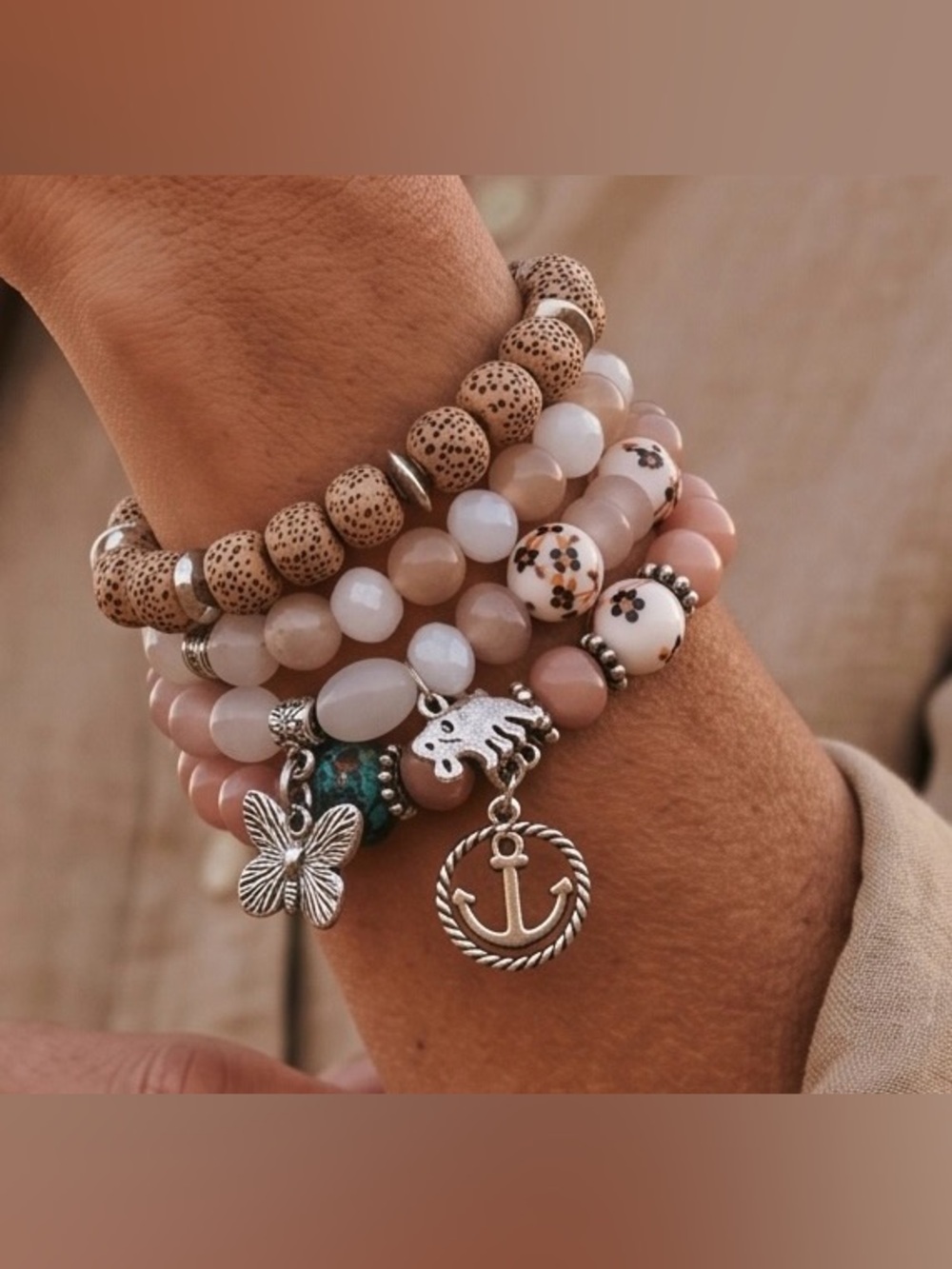🤎4-PC Brown, Cream & White Beaded Charm Bracelet Set w/Silver-Tone Charms/NIP🤎